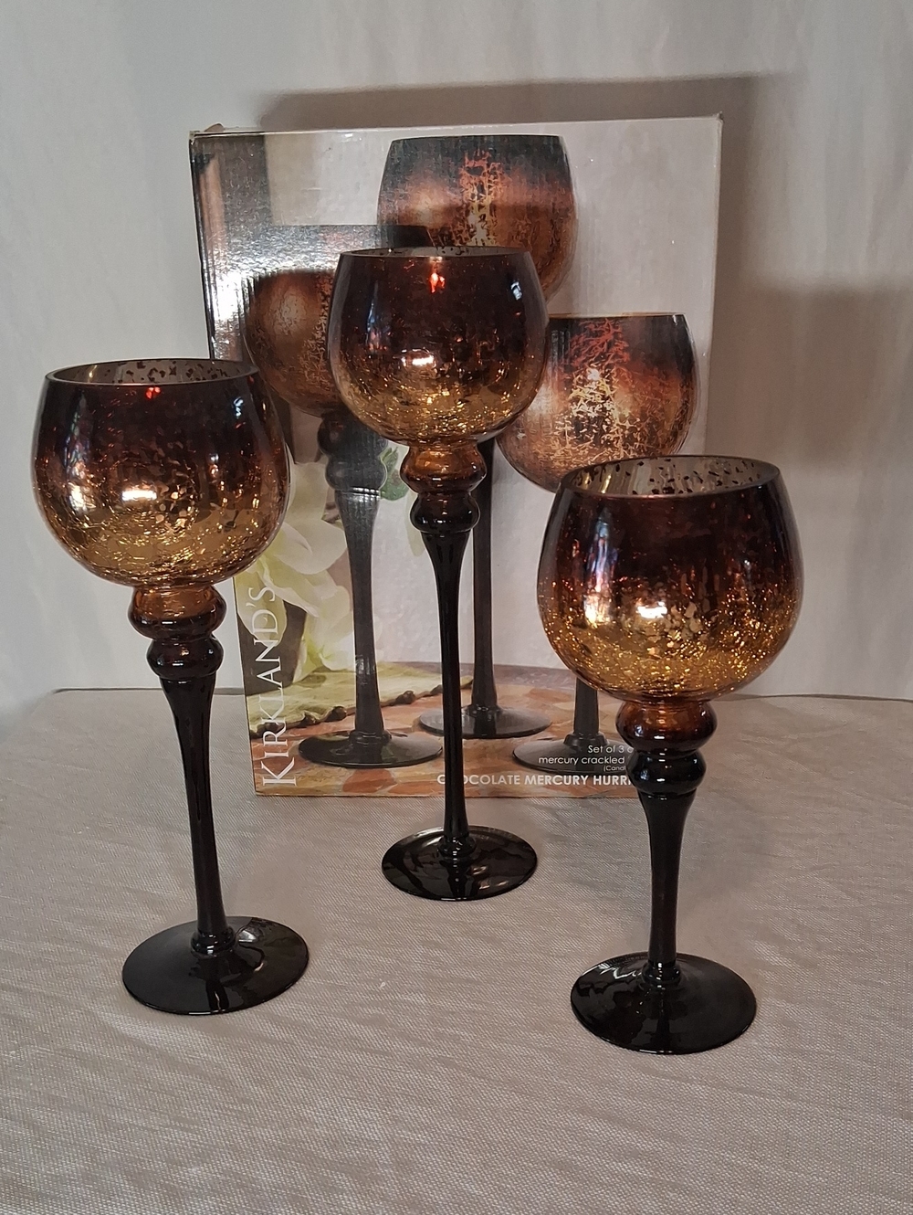 Kirkland Signature Chocolate Amber Mercury Glass Stem Hurricanes - Set of 3